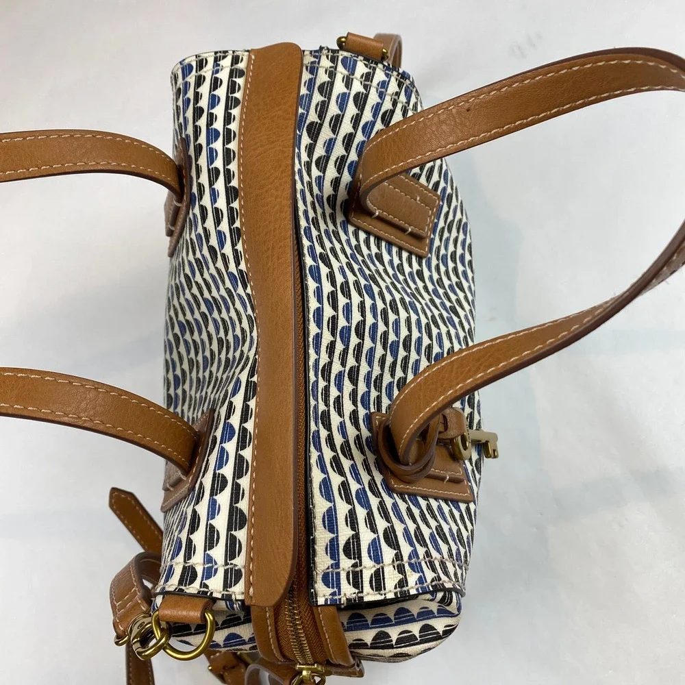 Fossil Emma Satchel Handbag Purse With Matching NWT Wallet, Blue Black Print
